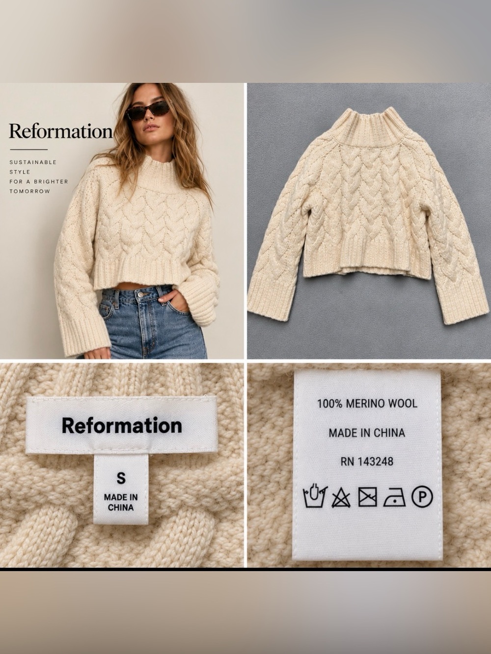Reformation Ivory Cable Knit Mock Neck Cropped Sweater 100% Merino Wool Womens S